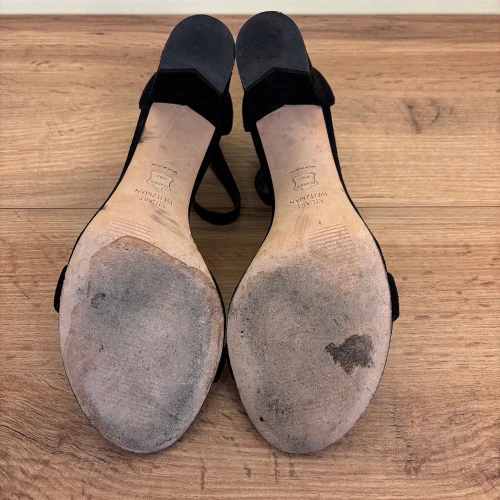 STUART WEITZMAN NearlyNude Heel Sandals Black Suede Women Size 7 Formal Open Toe